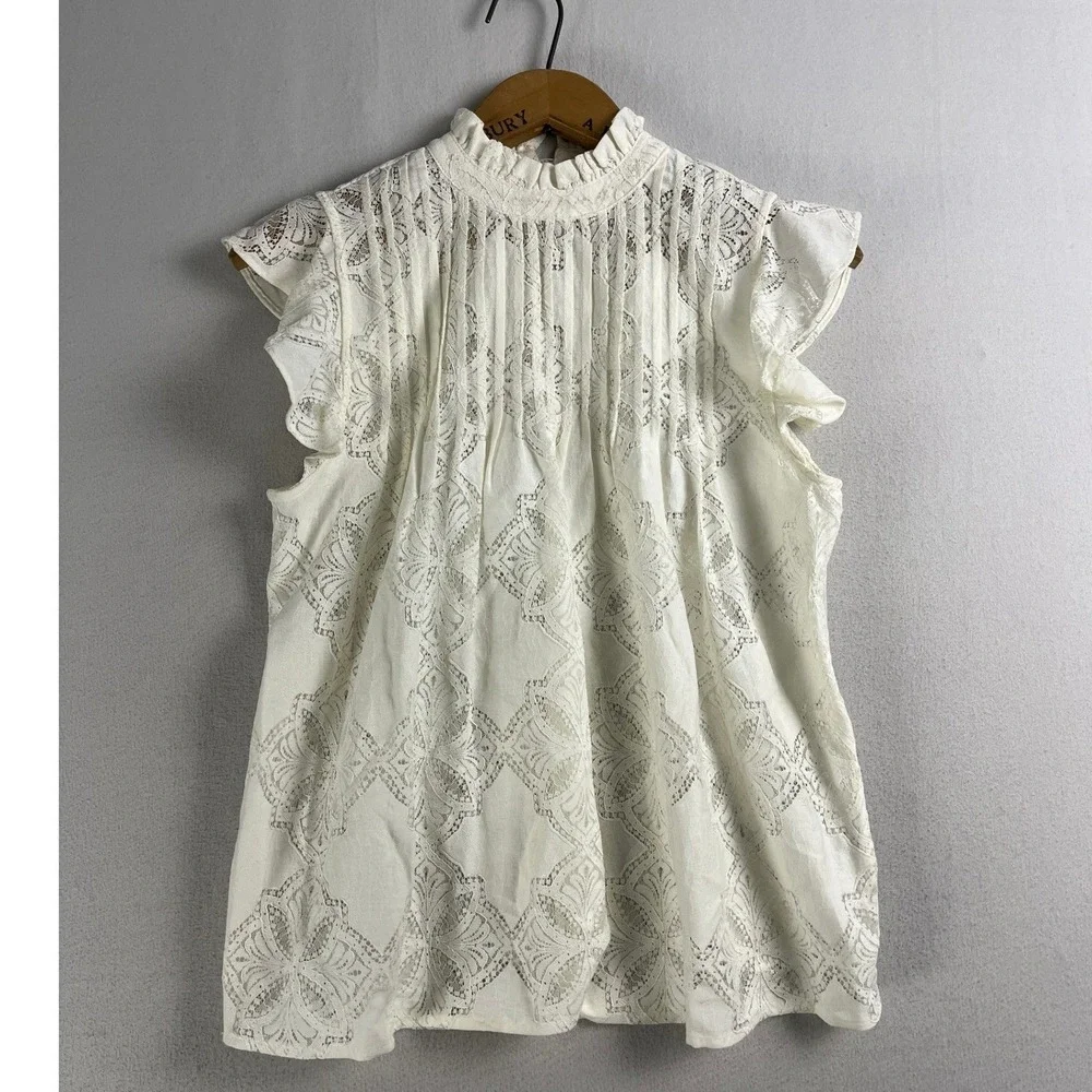 Ivory‎ Lace Ruffle Mock Neck Sleeveless Blouse XS Pleated Boho Top - Picture 2 of 7